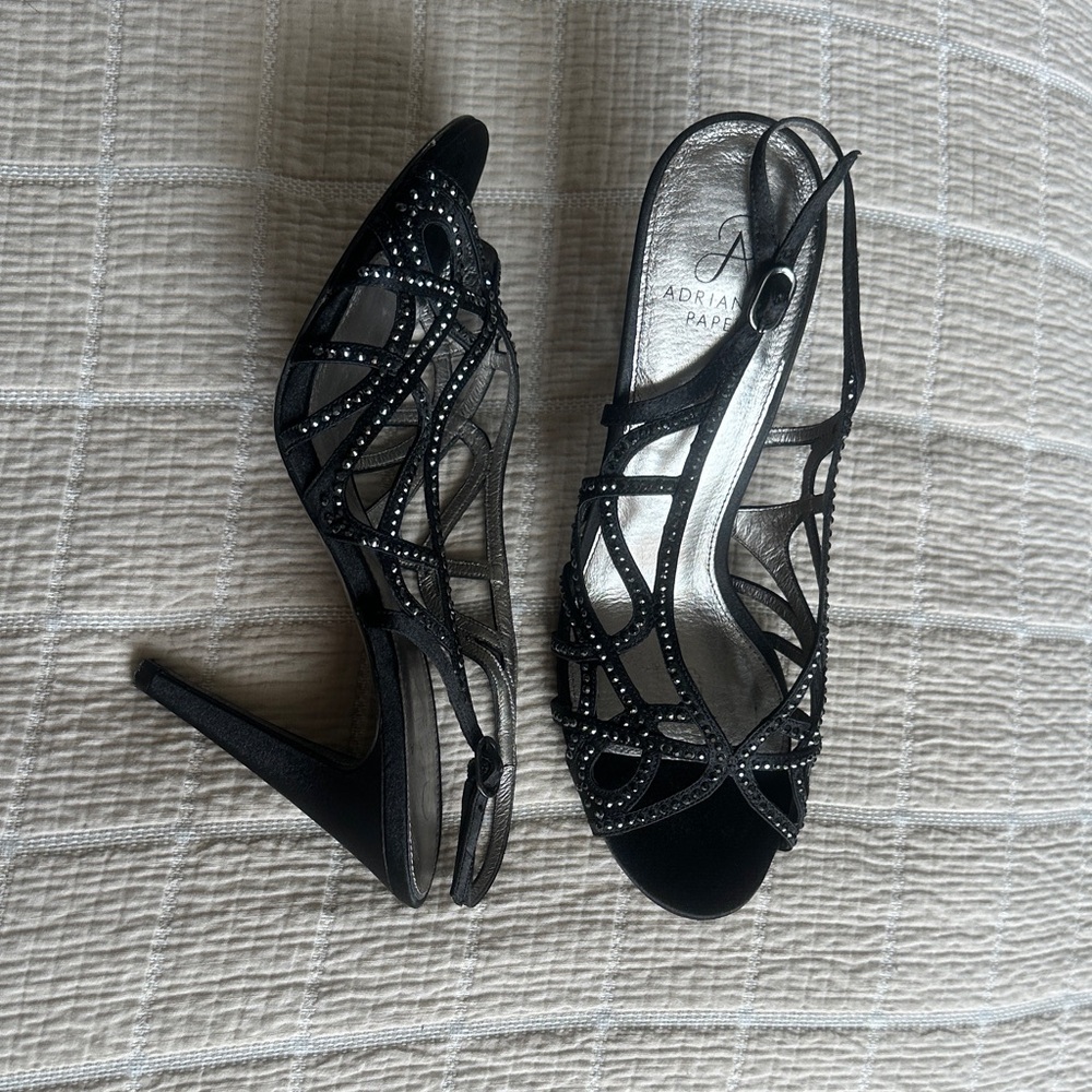 Adrianna Papell Black Satin Heels with Silver Accents